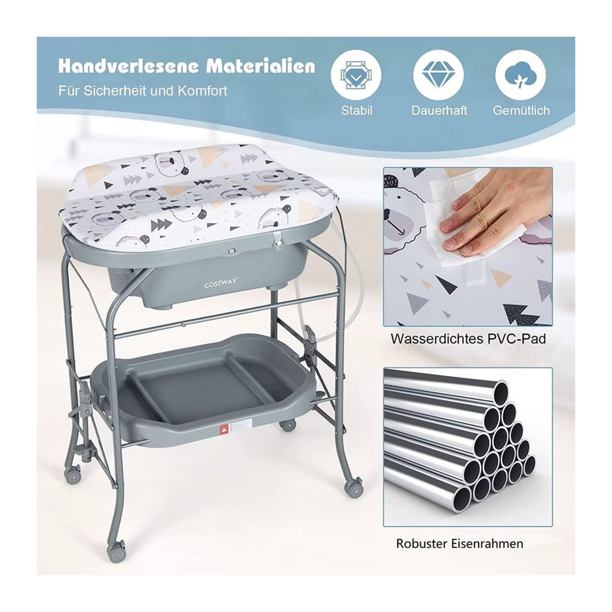 GOFLAME 4-in-1 Wickeltisch mit Badewanne und PVC-Pad, faltbare mobile Wickelstation in Weiß und Grau - Bild 4