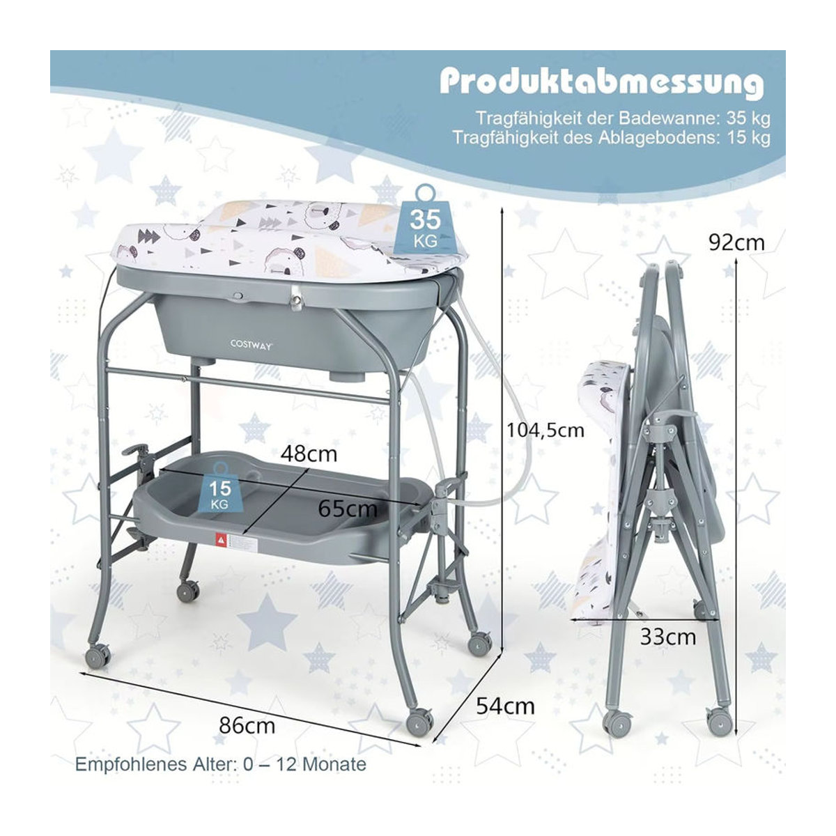GOFLAME 4-in-1 Wickeltisch mit Badewanne und PVC-Pad, faltbare mobile Wickelstation in Weiß und Grau - Bild 5