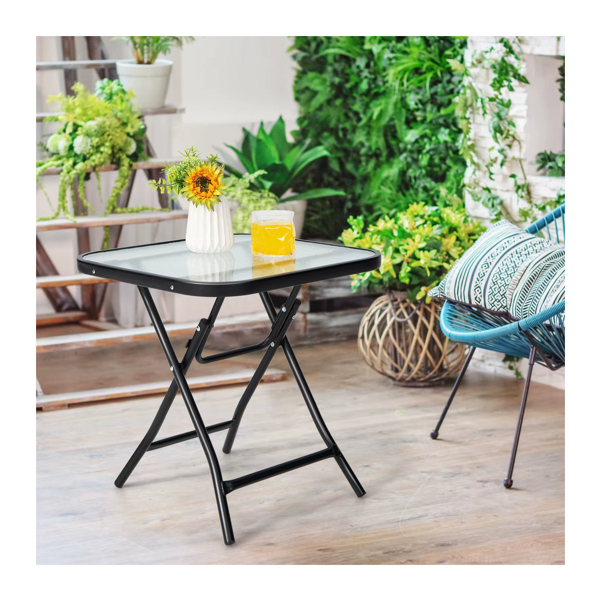 GOFLAME Beistelltisch aus Glas und Metall in Schwarz und Transparent, klappbarer quadratischer Bistrotisch für Terrasse und Garten - Bild 3