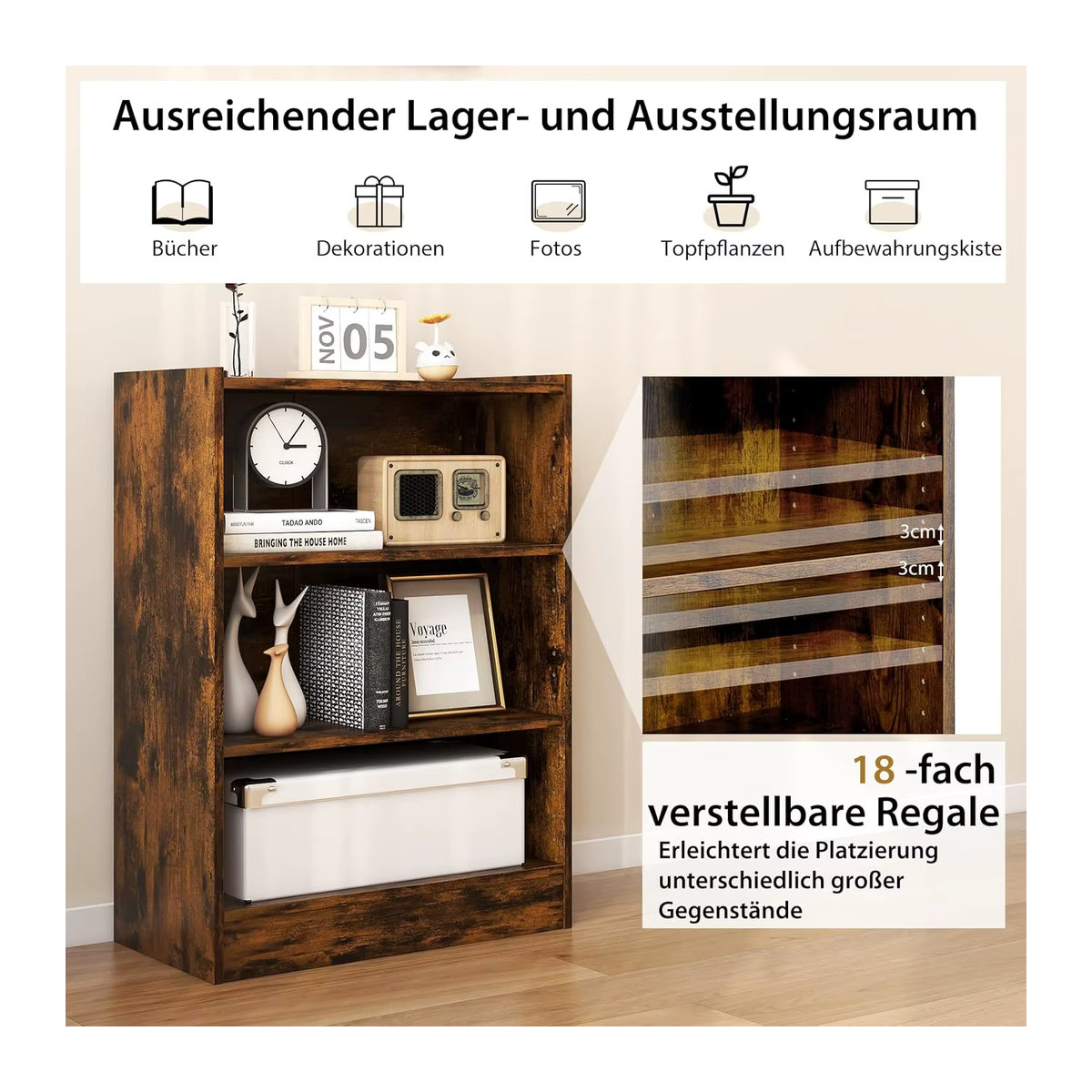GOFLAME Bücherregal in Braun im Industrial Design mit verstellbaren Regalen aus Holzwerkstoff - Bild 5