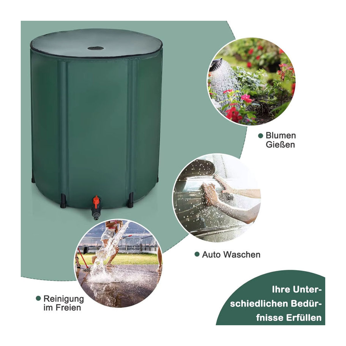 GOFLAME Faltbarer Regenfass mit Überlaufventil, 225l Regentank aus PVC, B/T/H: 60 x 60 x 80 cm - Bild 2