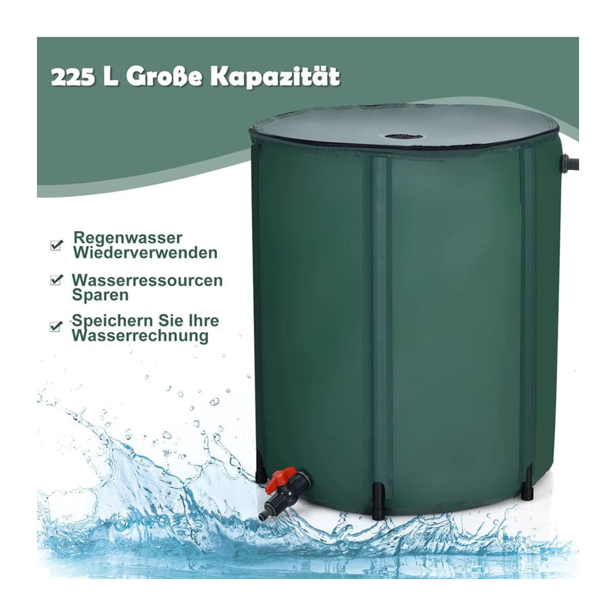 GOFLAME Faltbarer Regenfass mit Überlaufventil, 225l Regentank aus PVC, B/T/H: 60 x 60 x 80 cm - Bild 5