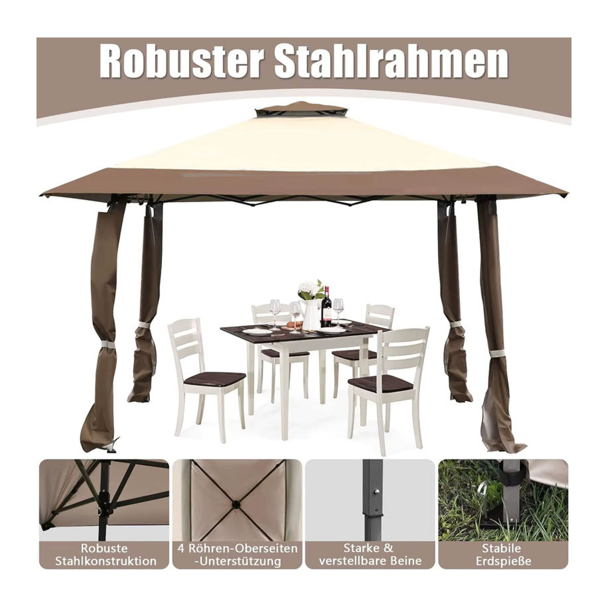 GOFLAME Gartenpavillon mit Doppel-Dach aus Polyrattan in Braun, 4 x 4 m, wasserdicht und winterfest - Bild 4