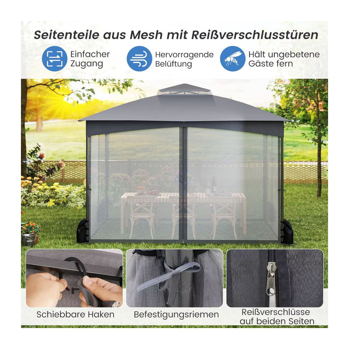GOFLAME Gartenpavillon mit Doppeldach und 4 Moskitonetzen aus Polyester, Wasserdicht und Winterfest, Grau - Bild 3