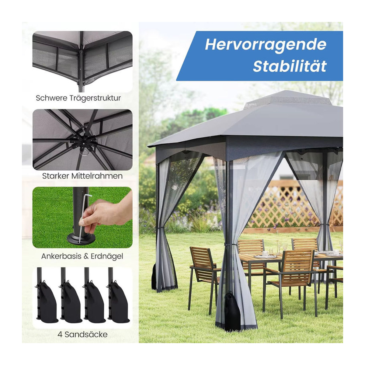 GOFLAME Gartenpavillon mit Doppeldach und 4 Moskitonetzen aus Polyester, Wasserdicht und Winterfest, Grau - Bild 4