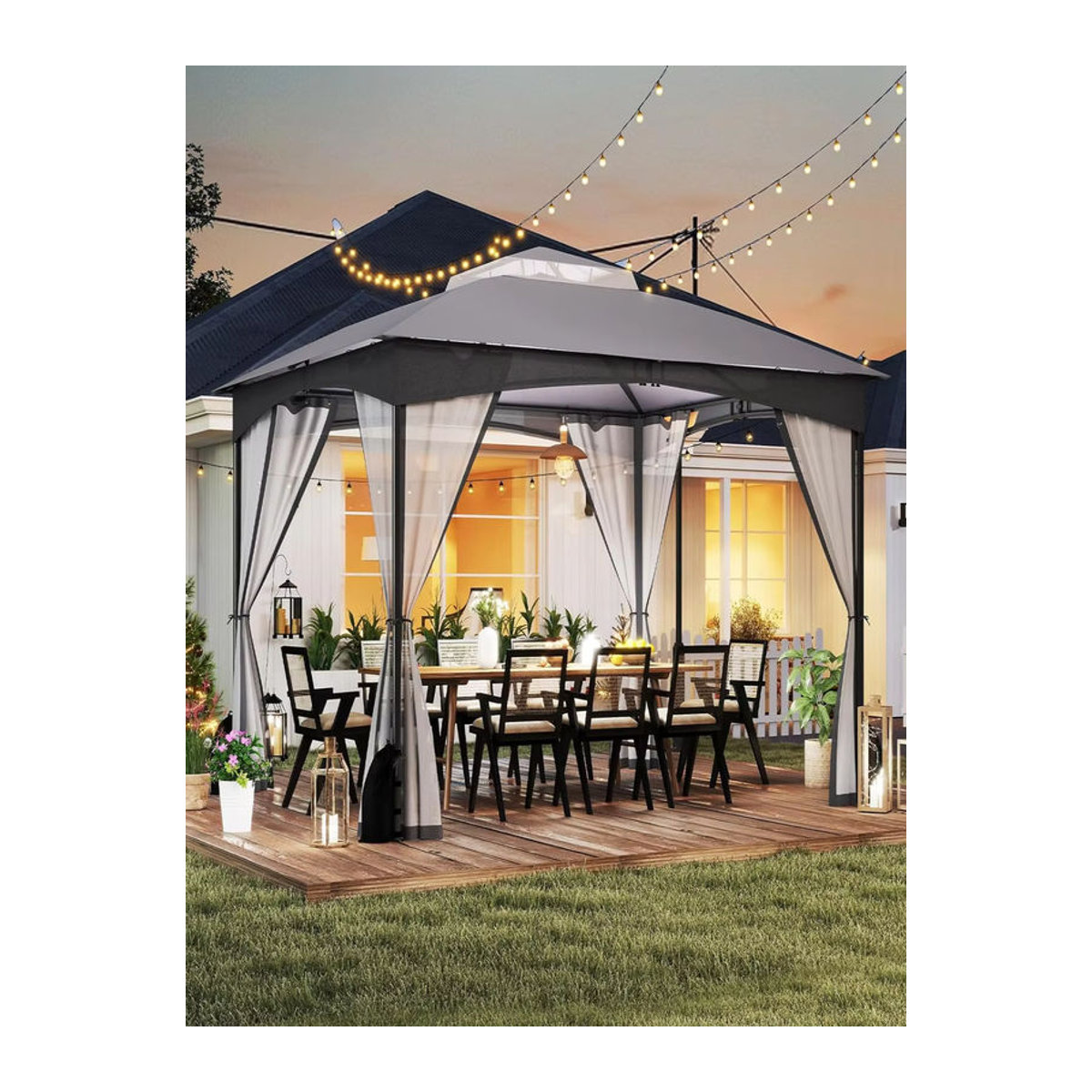 GOFLAME Gartenpavillon mit Doppeldach und 4 Moskitonetzen aus Polyester, Wasserdicht und Winterfest, Grau - Bild 6