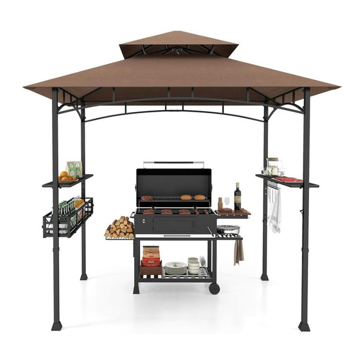 GOFLAME Grillpavillon mit Doppeldach und Seitenregalen in Braun und Grau aus Metall - Bild 1