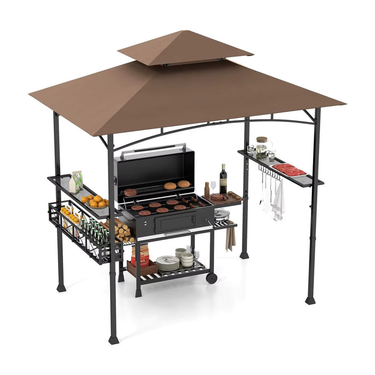 GOFLAME Grillpavillon mit Doppeldach und Seitenregalen in Braun und Grau aus Metall - Bild 2