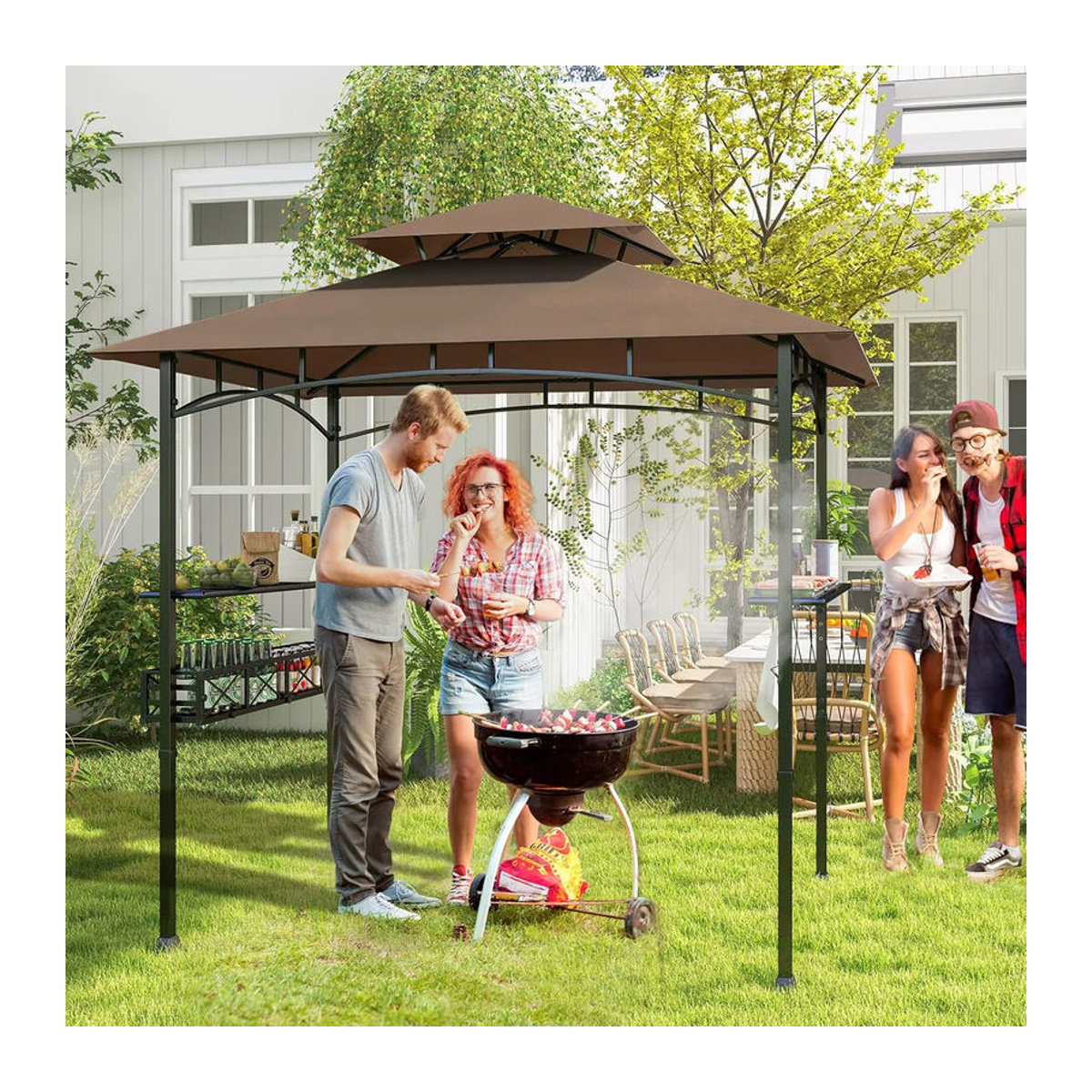 GOFLAME Grillpavillon mit Doppeldach und Seitenregalen in Braun und Grau aus Metall - Bild 3