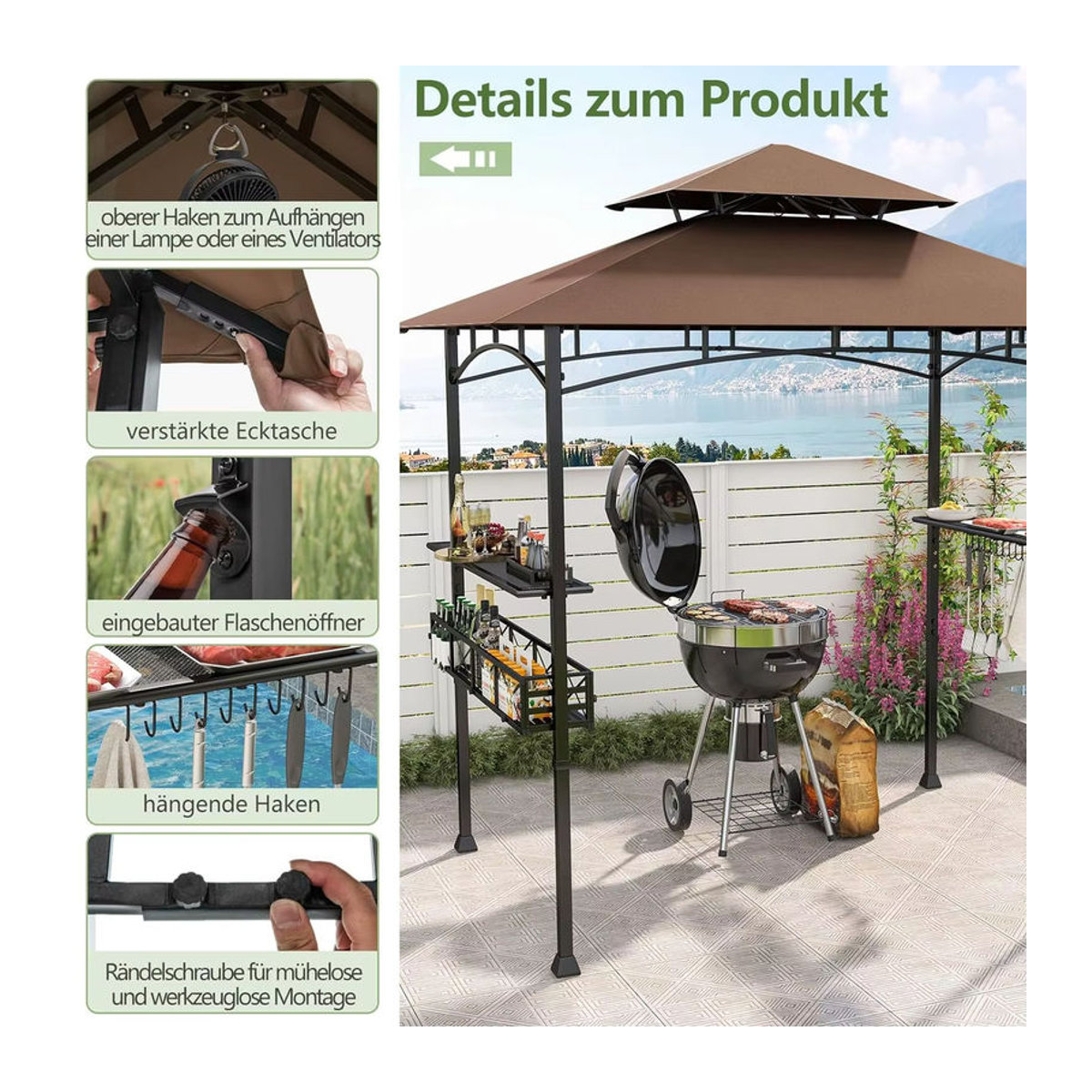GOFLAME Grillpavillon mit Doppeldach und Seitenregalen in Braun und Grau aus Metall - Bild 5