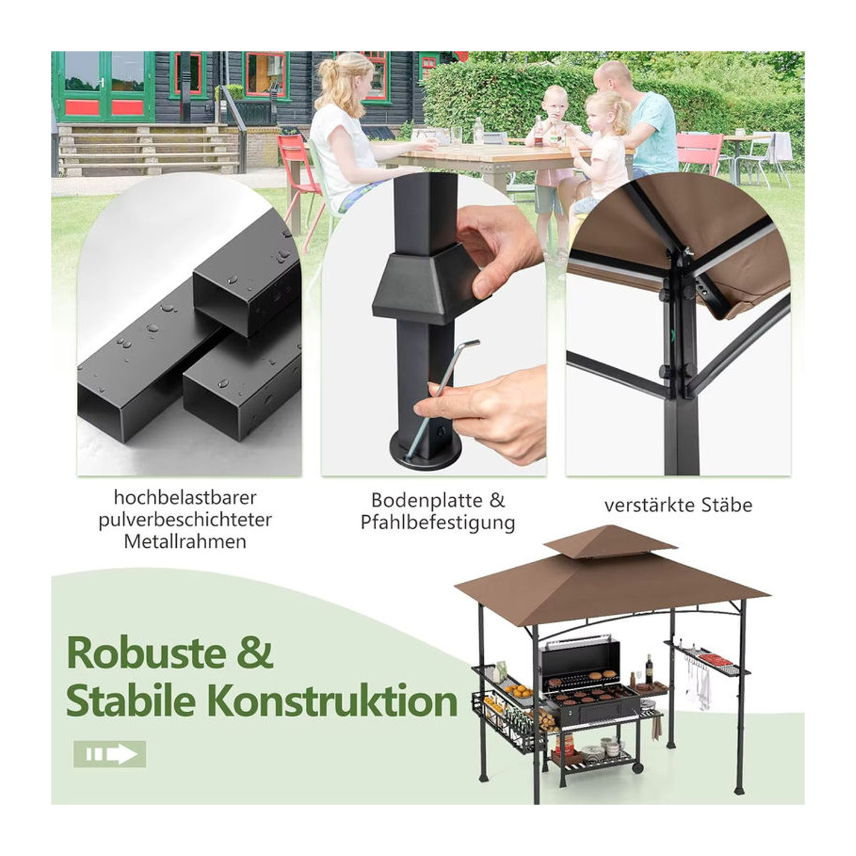GOFLAME Grillpavillon mit Doppeldach und Seitenregalen in Braun und Grau aus Metall - Bild 6