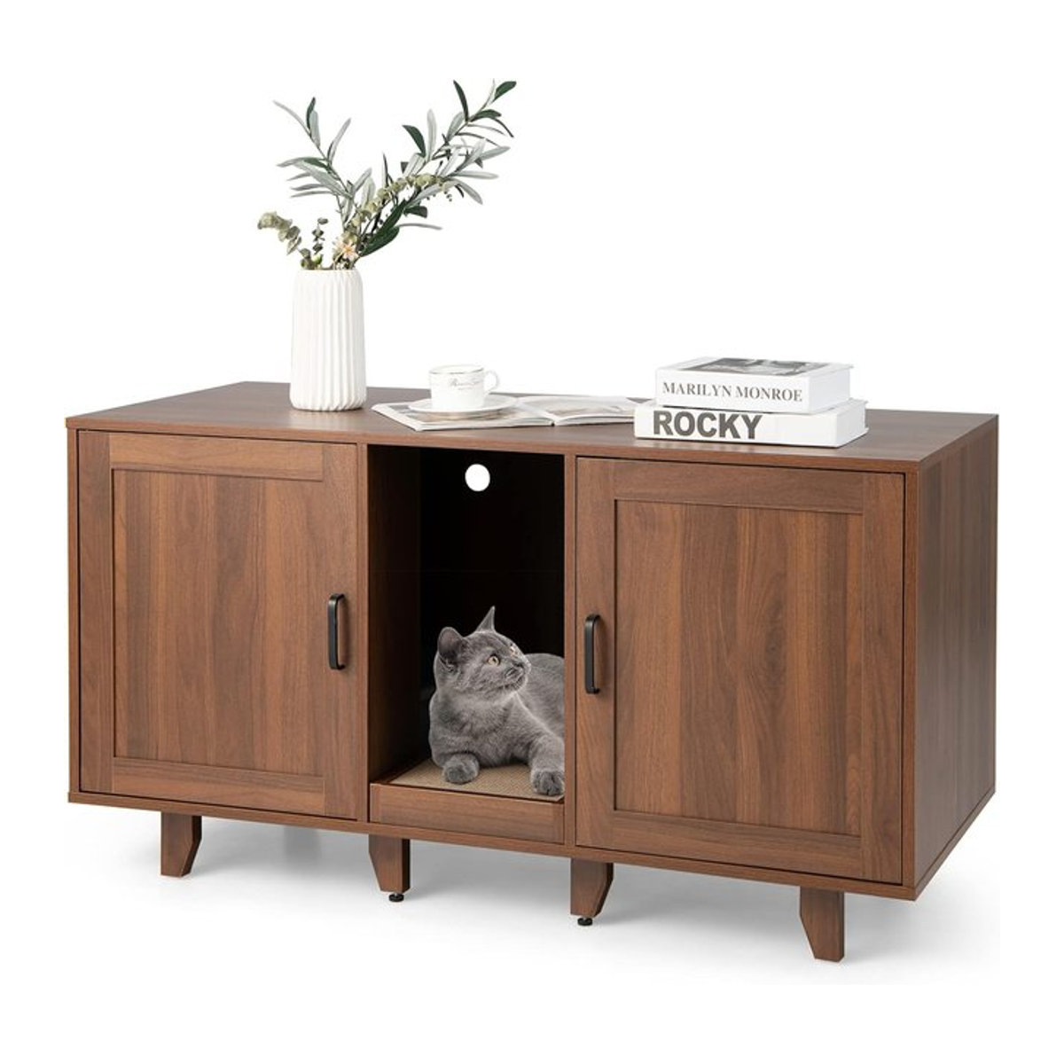 GOFLAME Katzenkasten-Schrank für 2 Katzen in Braun mit Kratzbrett und 2 Türen, B/T/H: 120 x 52 x 65 cm - Bild 1