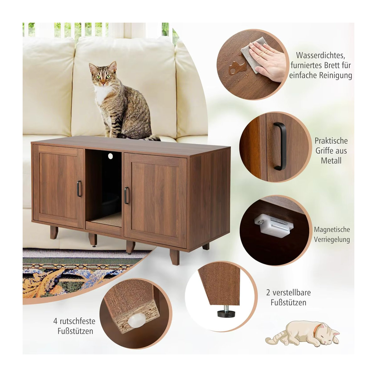 GOFLAME Katzenkasten-Schrank für 2 Katzen in Braun mit Kratzbrett und 2 Türen, B/T/H: 120 x 52 x 65 cm - Bild 3