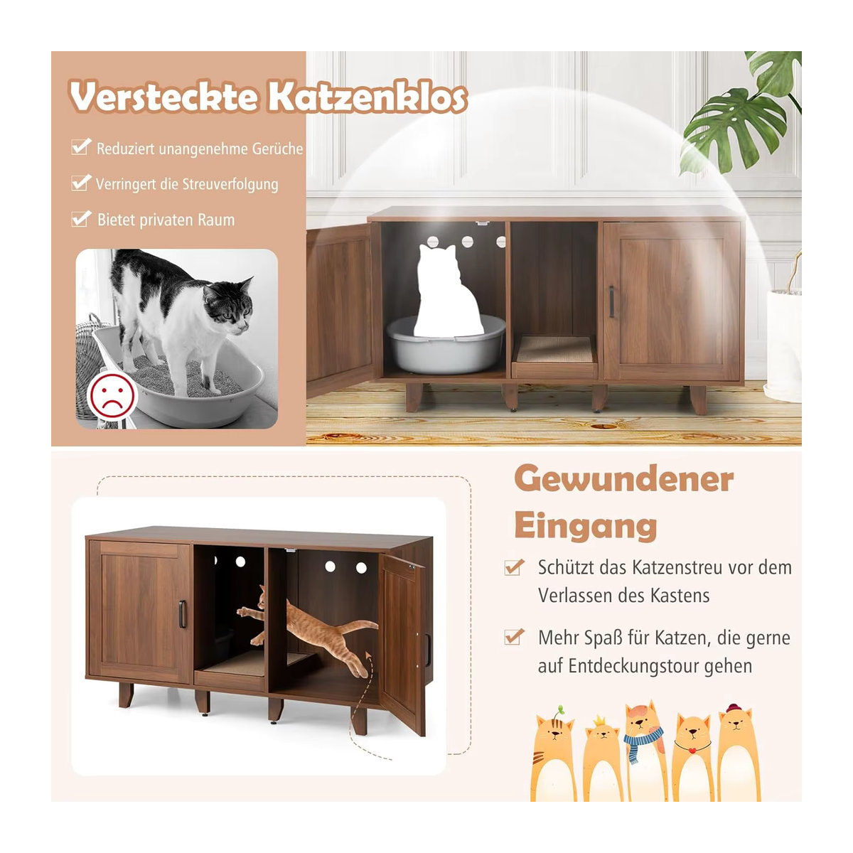 GOFLAME Katzenkasten-Schrank für 2 Katzen in Braun mit Kratzbrett und 2 Türen, B/T/H: 120 x 52 x 65 cm - Bild 4