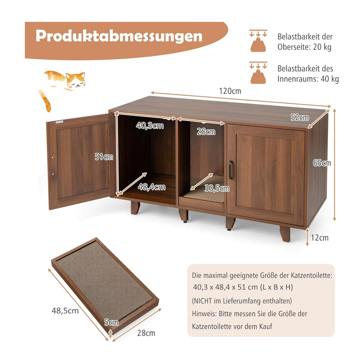 GOFLAME Katzenkasten-Schrank für 2 Katzen in Braun mit Kratzbrett und 2 Türen, B/T/H: 120 x 52 x 65 cm - Bild 5