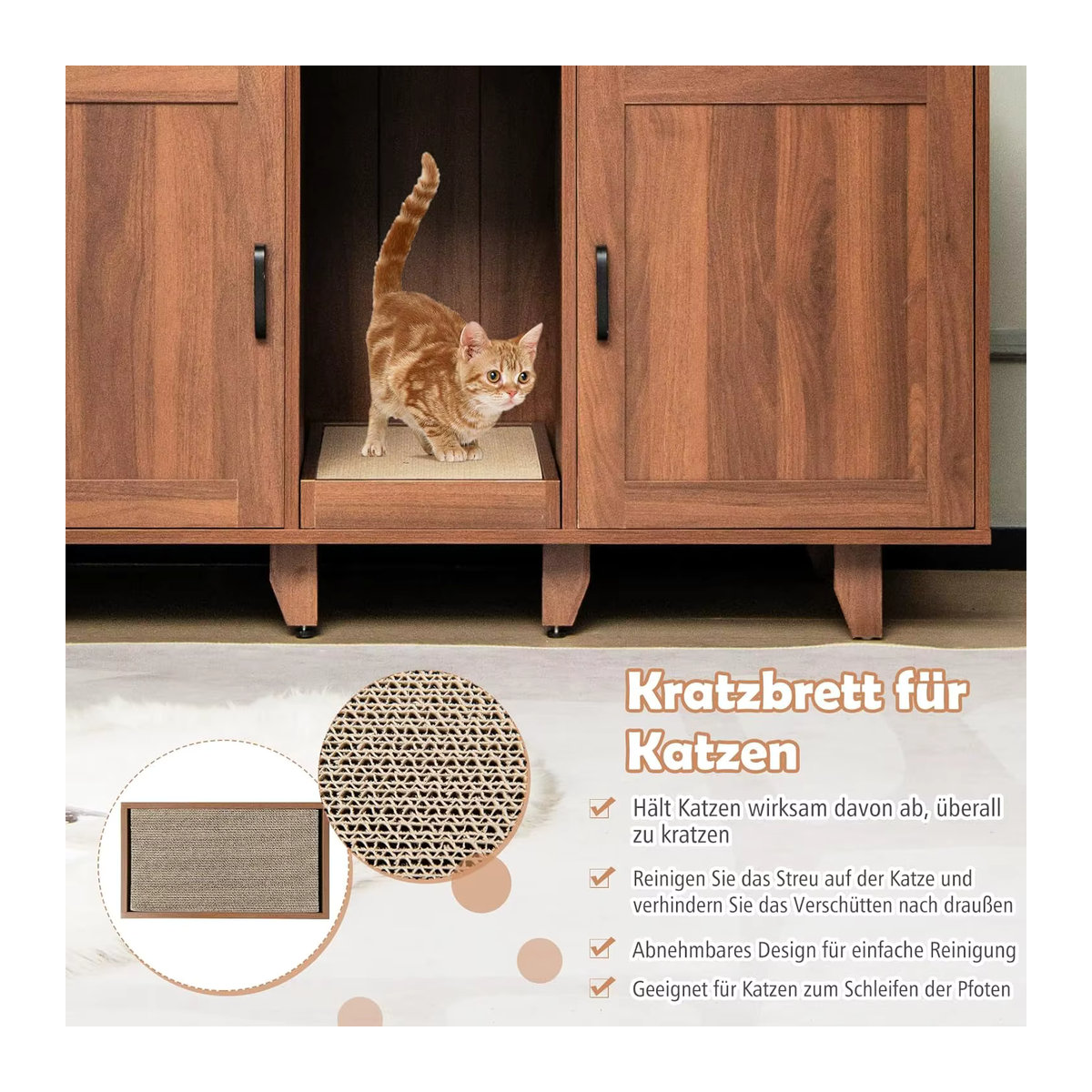 GOFLAME Katzenkasten-Schrank für 2 Katzen in Braun mit Kratzbrett und 2 Türen, B/T/H: 120 x 52 x 65 cm - Bild 6