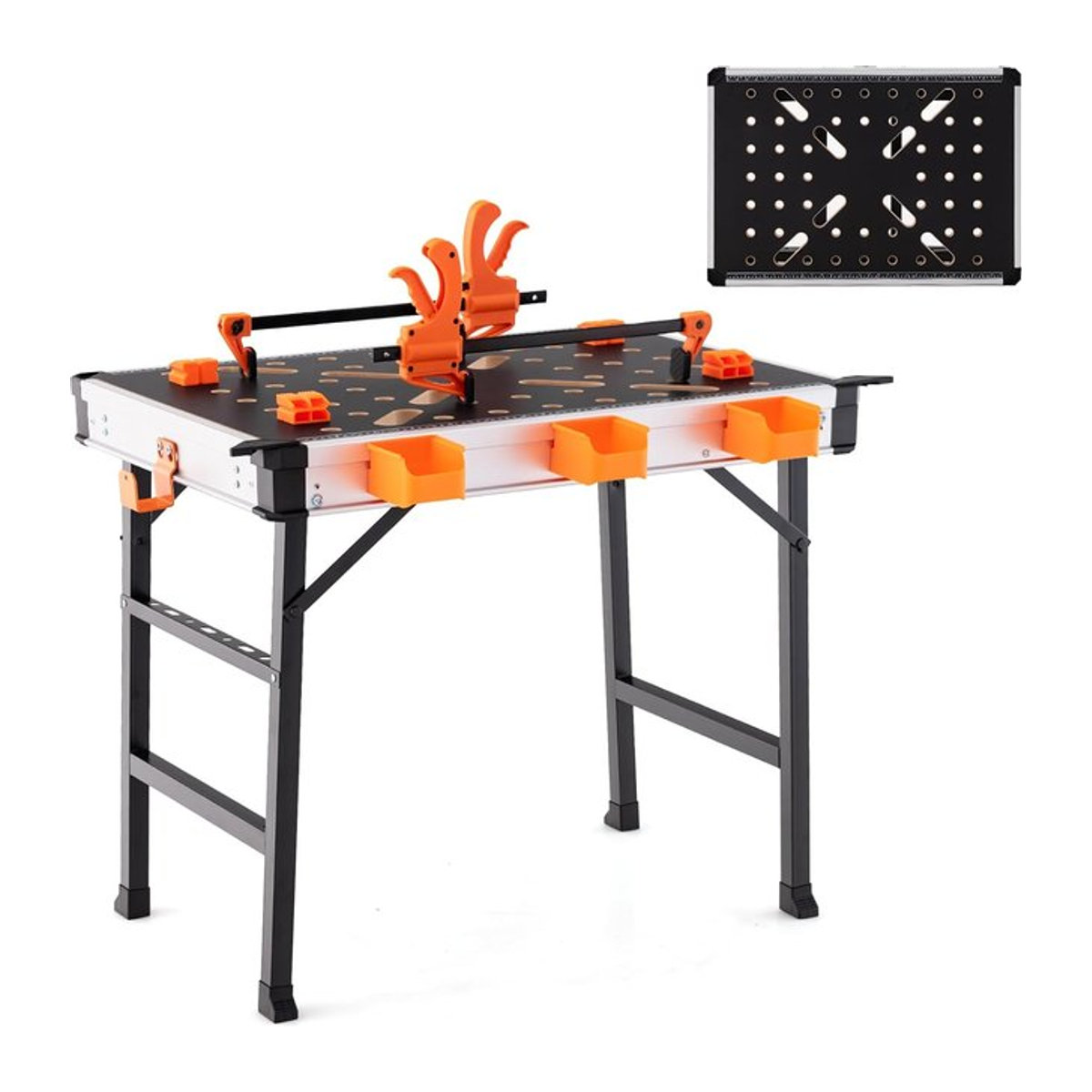 GOFLAME Klappbarer Arbeitstisch als Werkbank mit Metallrahmen, 2 Schnellklemmen, 4 Klemmhaken und 3 Werkzeugkästen in Schwarz - Bild 1