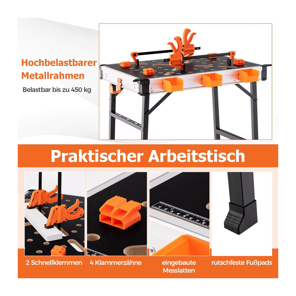 GOFLAME Klappbarer Arbeitstisch als Werkbank mit Metallrahmen, 2 Schnellklemmen, 4 Klemmhaken und 3 Werkzeugkästen in Schwarz - Bild 2