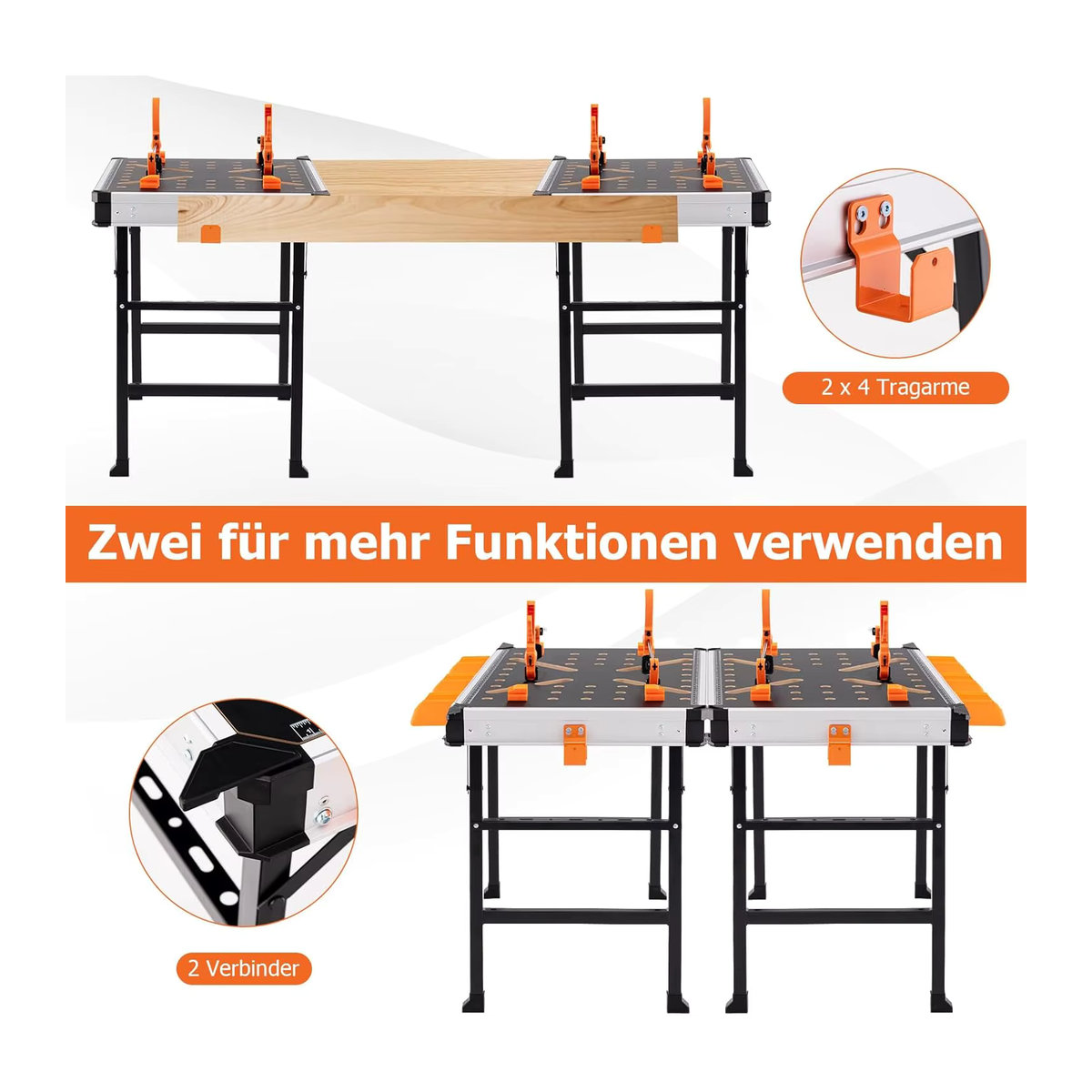 GOFLAME Klappbarer Arbeitstisch als Werkbank mit Metallrahmen, 2 Schnellklemmen, 4 Klemmhaken und 3 Werkzeugkästen in Schwarz - Bild 5
