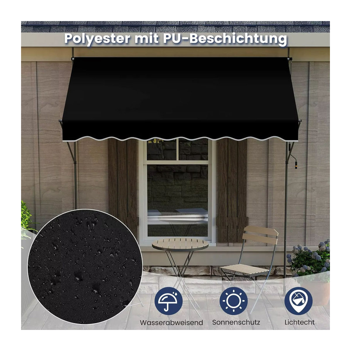 GOFLAME Klemmmarkise ohne Bohren mit Handkurbel, höhenverstellbarer Sonnenschutz aus Polyester, Schwarz, Breite: 250 cm - Bild 2