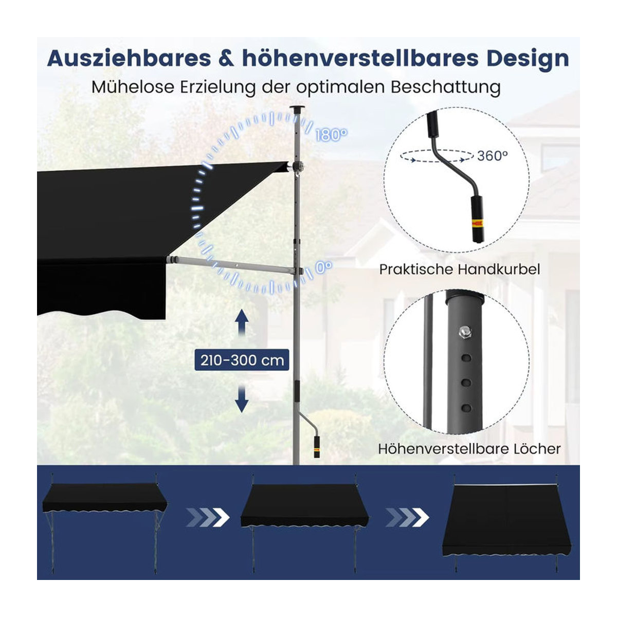 GOFLAME Klemmmarkise ohne Bohren mit Handkurbel, höhenverstellbarer Sonnenschutz aus Polyester, Schwarz, Breite: 250 cm - Bild 5