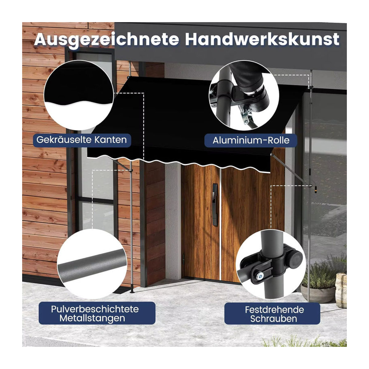 GOFLAME Klemmmarkise ohne Bohren mit Handkurbel, höhenverstellbarer Sonnenschutz aus Polyester, Schwarz, Breite: 250 cm - Bild 6