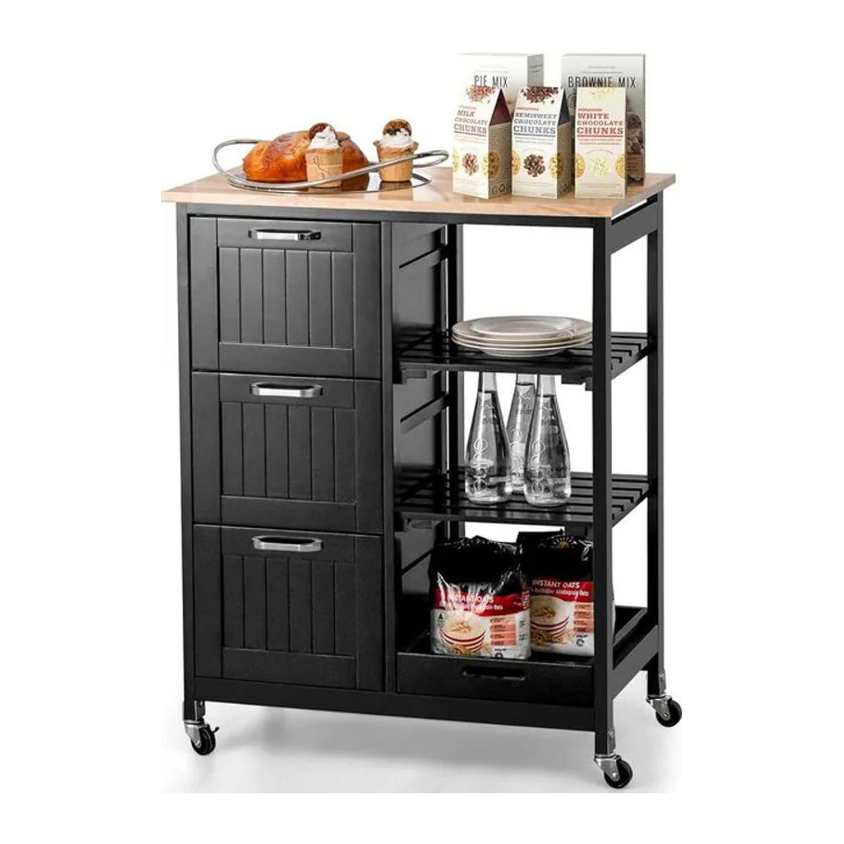GOFLAME Küchenwagen aus Gummiholz in Schwarz mit Ablage, Regalen und 3 Schubladen im Landhausstil, B/T/H: 67 x 37 x 82,5 cm - Bild 1