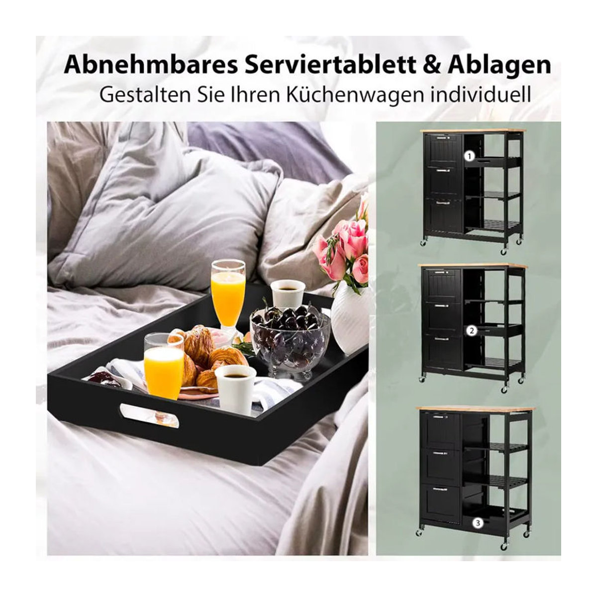 GOFLAME Küchenwagen aus Gummiholz in Schwarz mit Ablage, Regalen und 3 Schubladen im Landhausstil, B/T/H: 67 x 37 x 82,5 cm - Bild 2