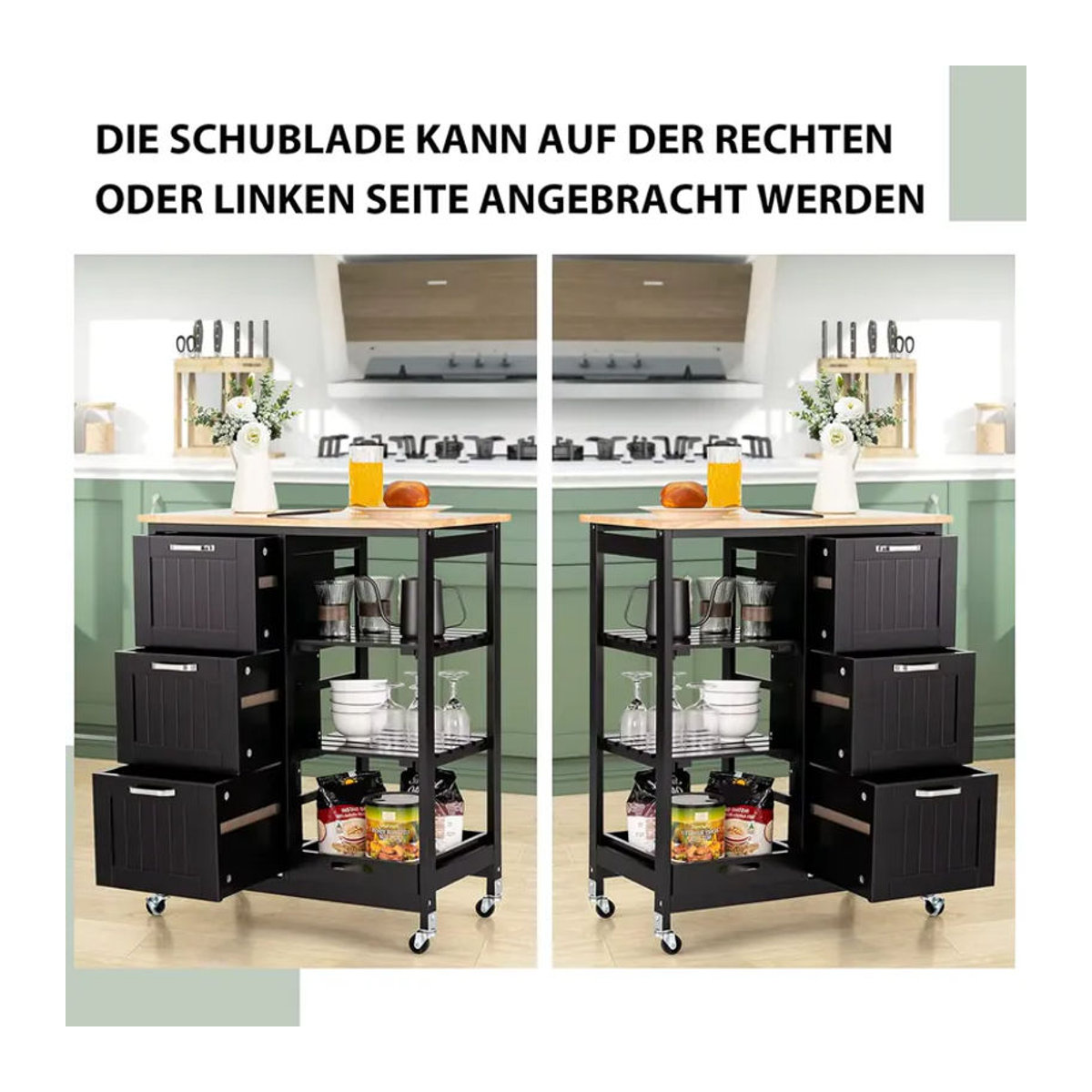 GOFLAME Küchenwagen aus Gummiholz in Schwarz mit Ablage, Regalen und 3 Schubladen im Landhausstil, B/T/H: 67 x 37 x 82,5 cm - Bild 3