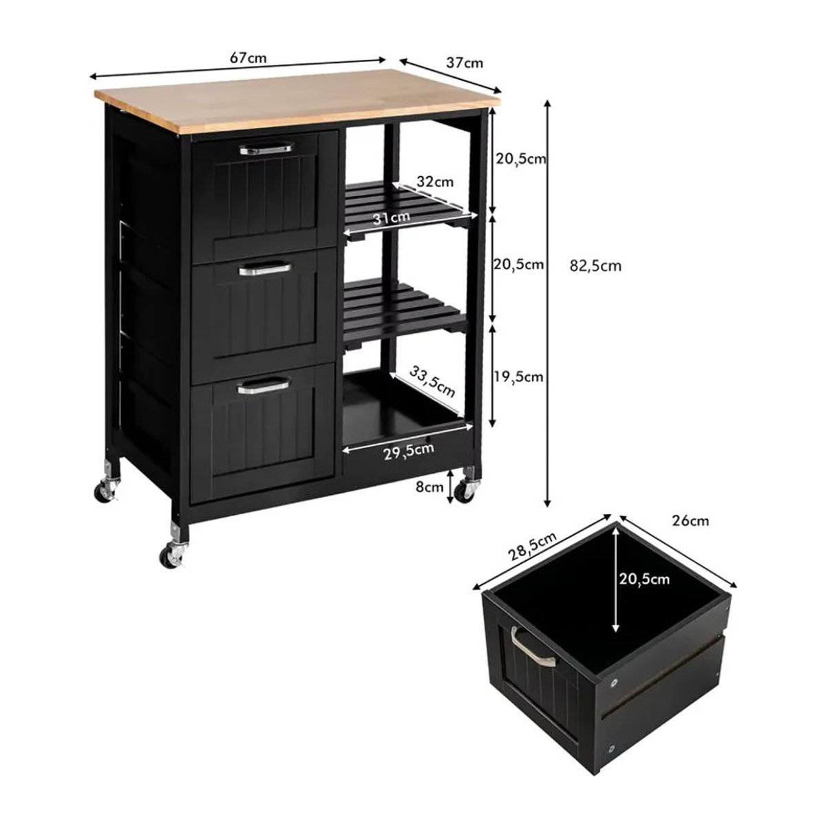 GOFLAME Küchenwagen aus Gummiholz in Schwarz mit Ablage, Regalen und 3 Schubladen im Landhausstil, B/T/H: 67 x 37 x 82,5 cm - Bild 5