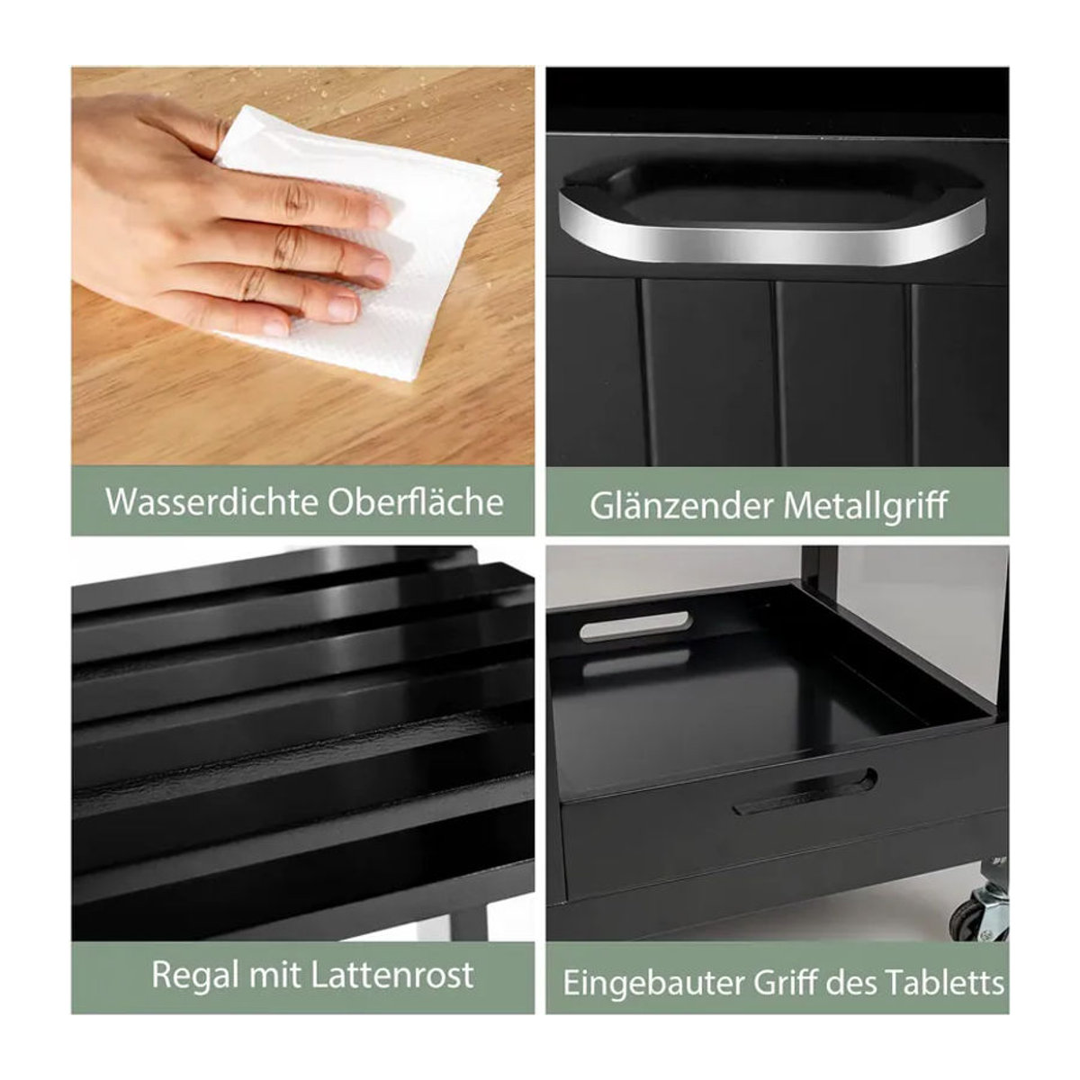 GOFLAME Küchenwagen aus Gummiholz in Schwarz mit Ablage, Regalen und 3 Schubladen im Landhausstil, B/T/H: 67 x 37 x 82,5 cm - Bild 6