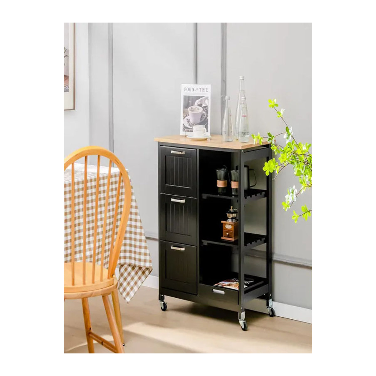 GOFLAME Küchenwagen aus Gummiholz in Schwarz mit Ablage, Regalen und 3 Schubladen im Landhausstil, B/T/H: 67 x 37 x 82,5 cm - Bild 7
