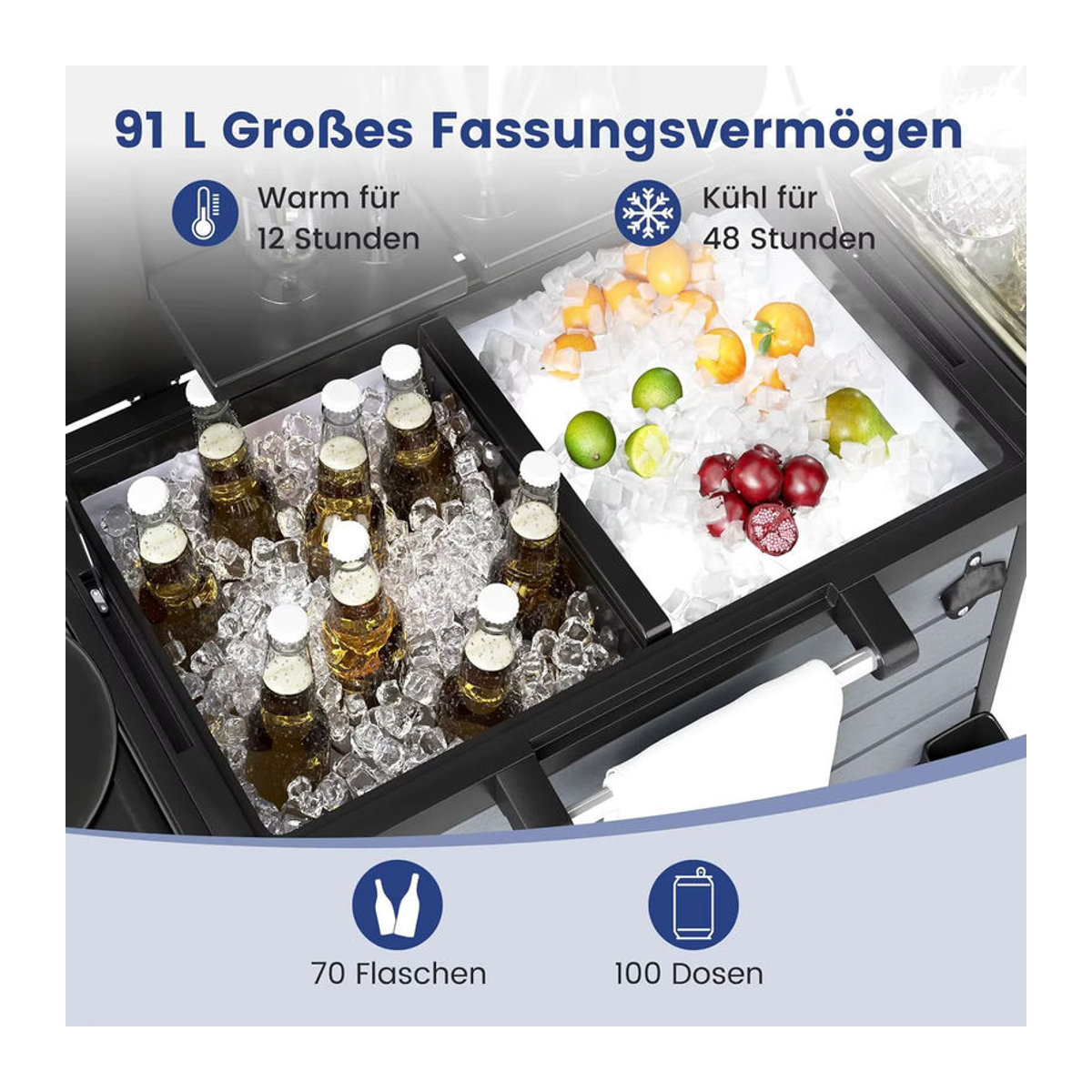 GOFLAME Kühlwagen mit 2 Seitenregalen und Flaschenöffner in Grau und Schwarz - Bild 2
