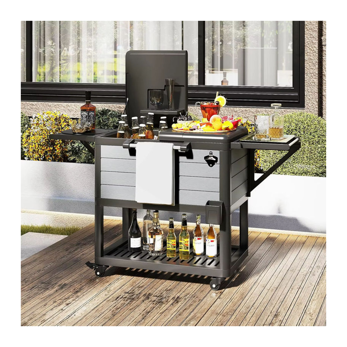 GOFLAME Kühlwagen mit 2 Seitenregalen und Flaschenöffner in Grau und Schwarz - Bild 3