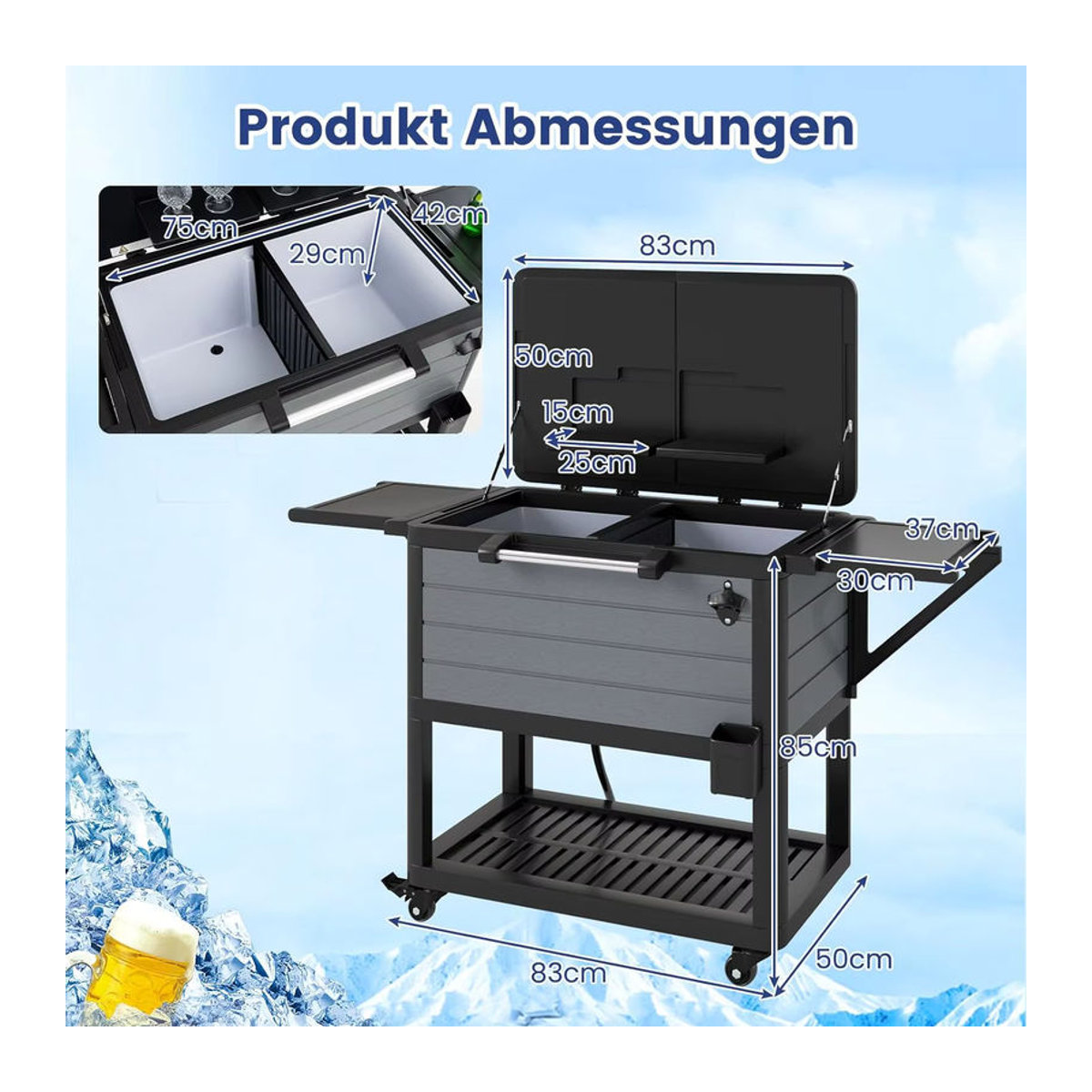GOFLAME Kühlwagen mit 2 Seitenregalen und Flaschenöffner in Grau und Schwarz - Bild 4