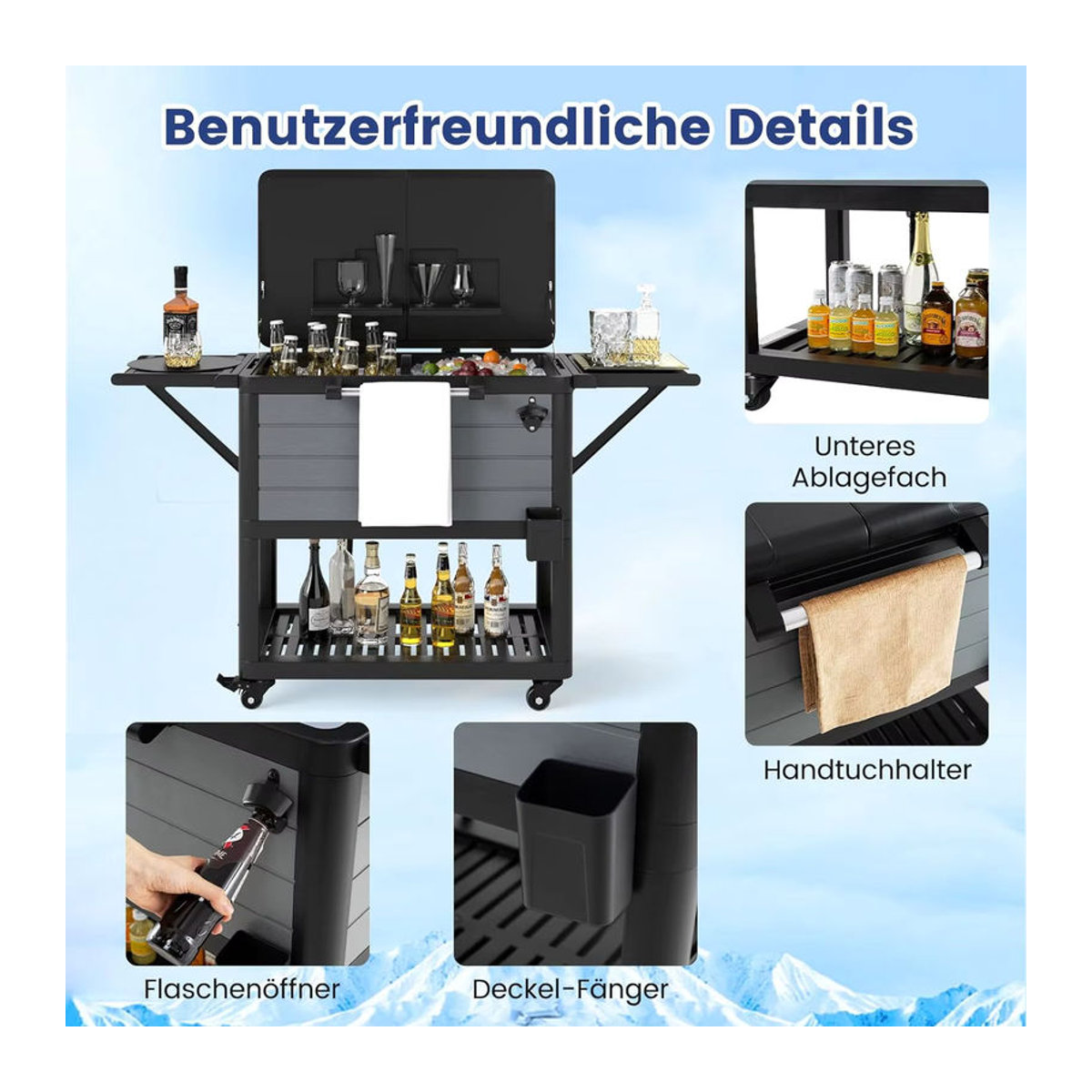 GOFLAME Kühlwagen mit 2 Seitenregalen und Flaschenöffner in Grau und Schwarz - Bild 6