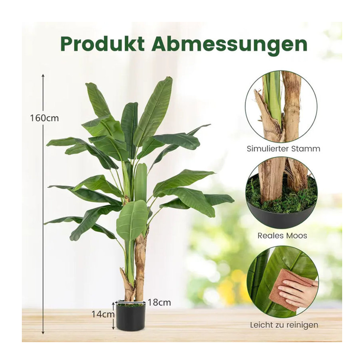 GOFLAME Künstliche Palme als tropische Paradiesvogelpflanze in Grün mit Topf, Höhe: 160 cm - Bild 6