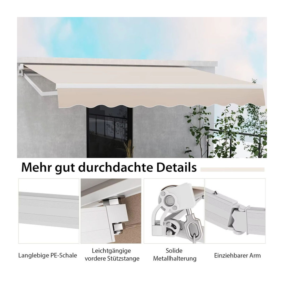 GOFLAME Markise mit Gelenkarm und Kurbel aus Aluminium in Beige, B: 400 cm, H: 250 cm - Bild 4