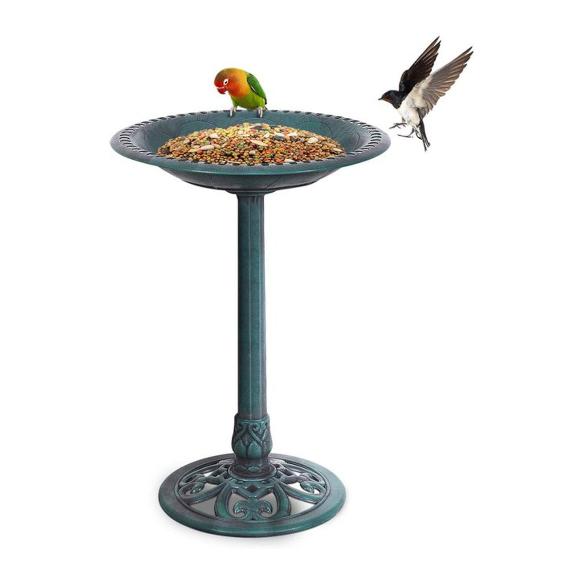 GOFLAME Stehendes Vogelbad und Vogelfutterstation im Retro-Design aus Metall, Grün, H: 72 cm, B: 51 cm - Bild 1
