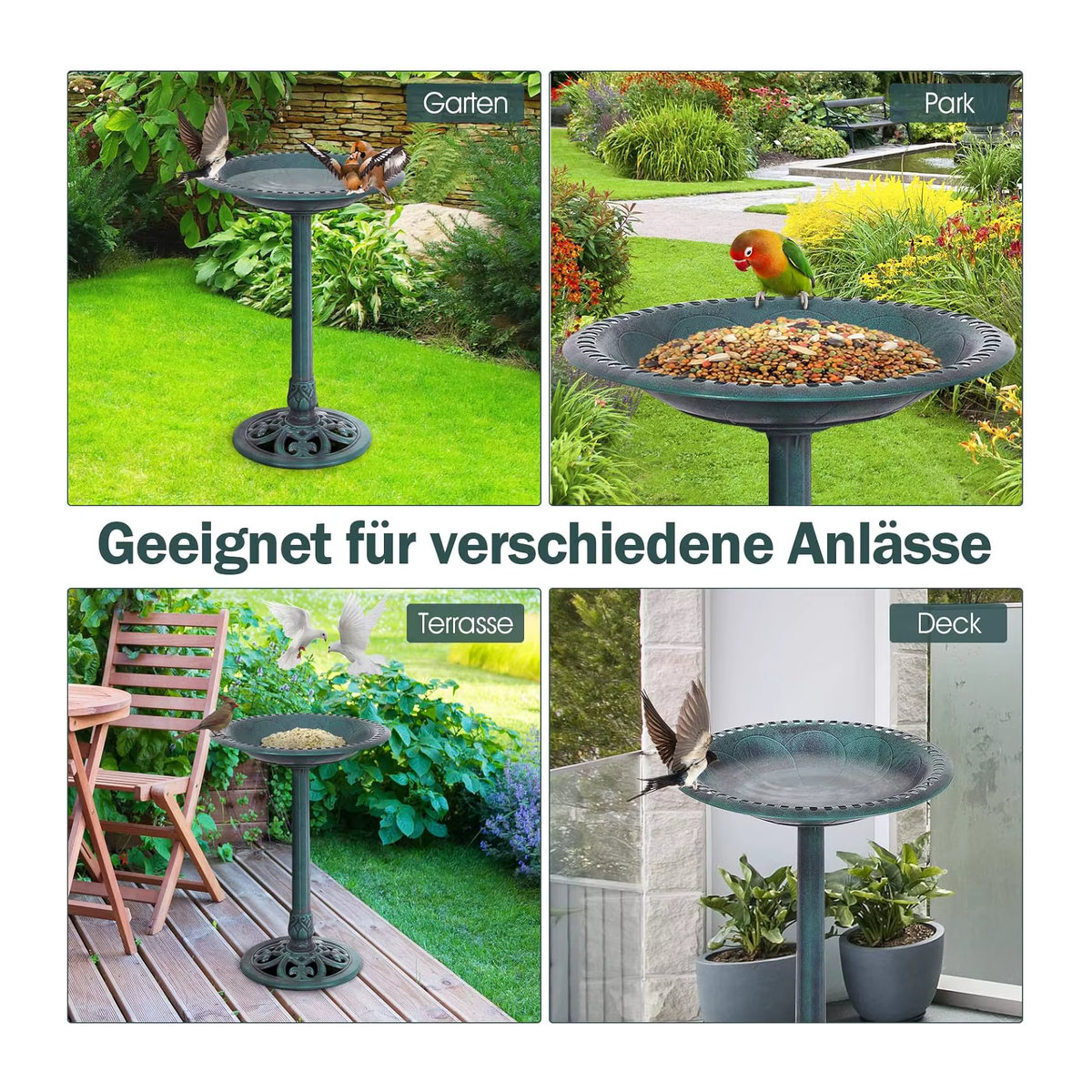 GOFLAME Stehendes Vogelbad und Vogelfutterstation im Retro-Design aus Metall, Grün, H: 72 cm, B: 51 cm - Bild 2