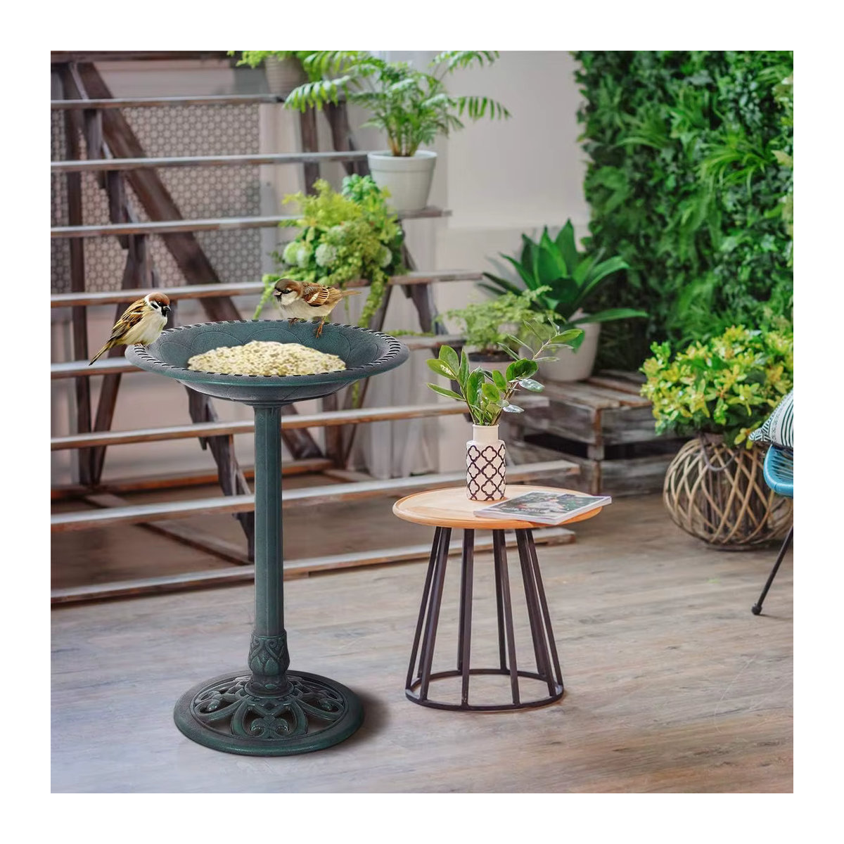 GOFLAME Stehendes Vogelbad und Vogelfutterstation im Retro-Design aus Metall, Grün, H: 72 cm, B: 51 cm - Bild 3
