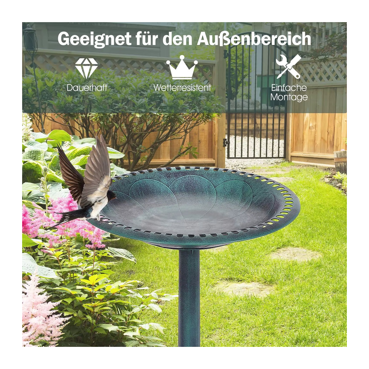 GOFLAME Stehendes Vogelbad und Vogelfutterstation im Retro-Design aus Metall, Grün, H: 72 cm, B: 51 cm - Bild 4