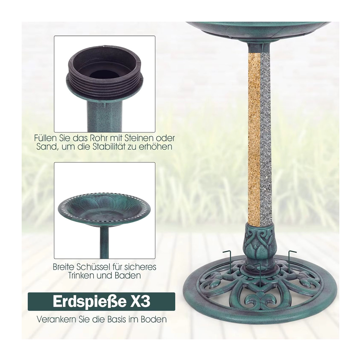 GOFLAME Stehendes Vogelbad und Vogelfutterstation im Retro-Design aus Metall, Grün, H: 72 cm, B: 51 cm - Bild 5