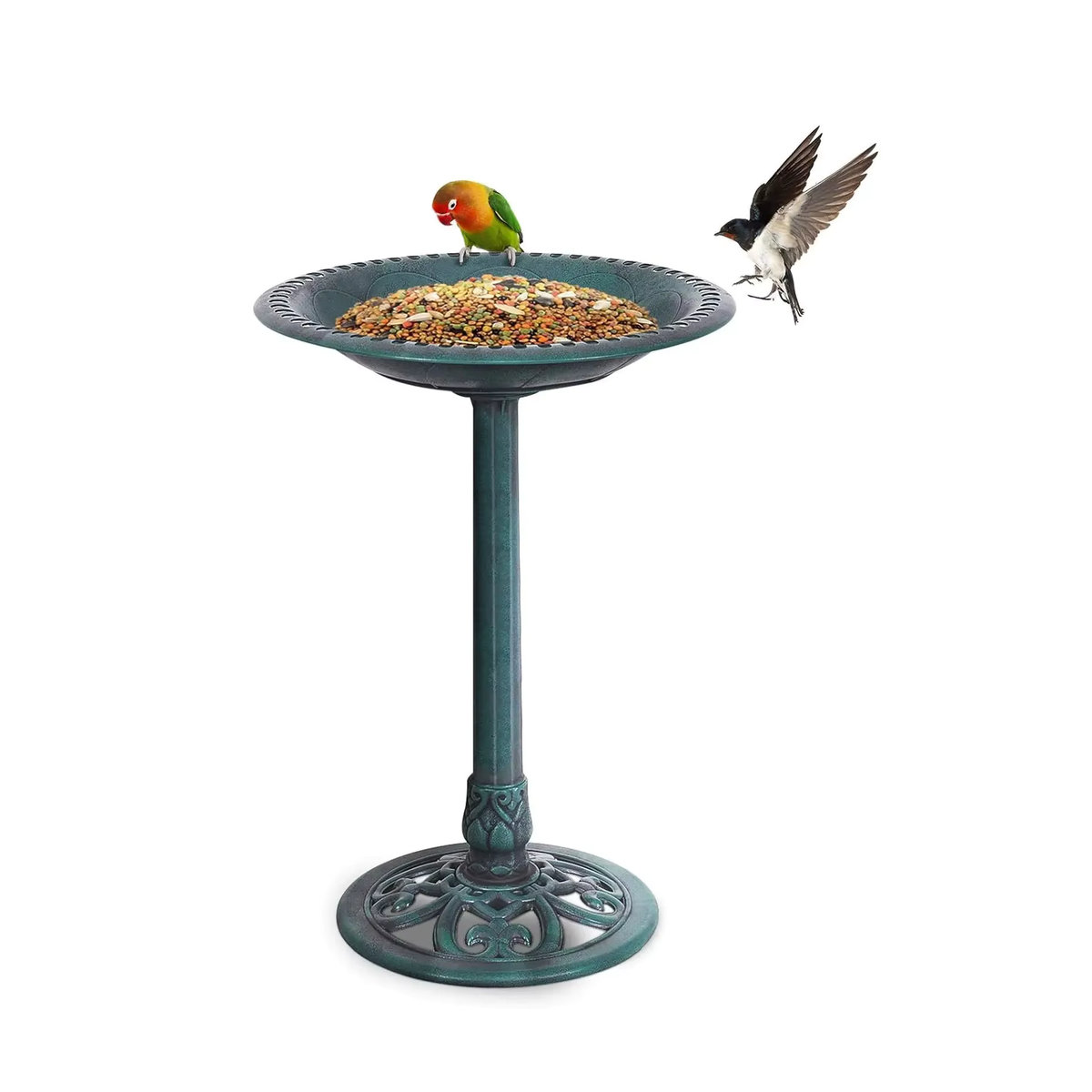 GOFLAME Stehendes Vogelbad und Vogelfutterstation im Retro-Design aus Metall, Grün, H: 72 cm, B: 51 cm - Bild 6