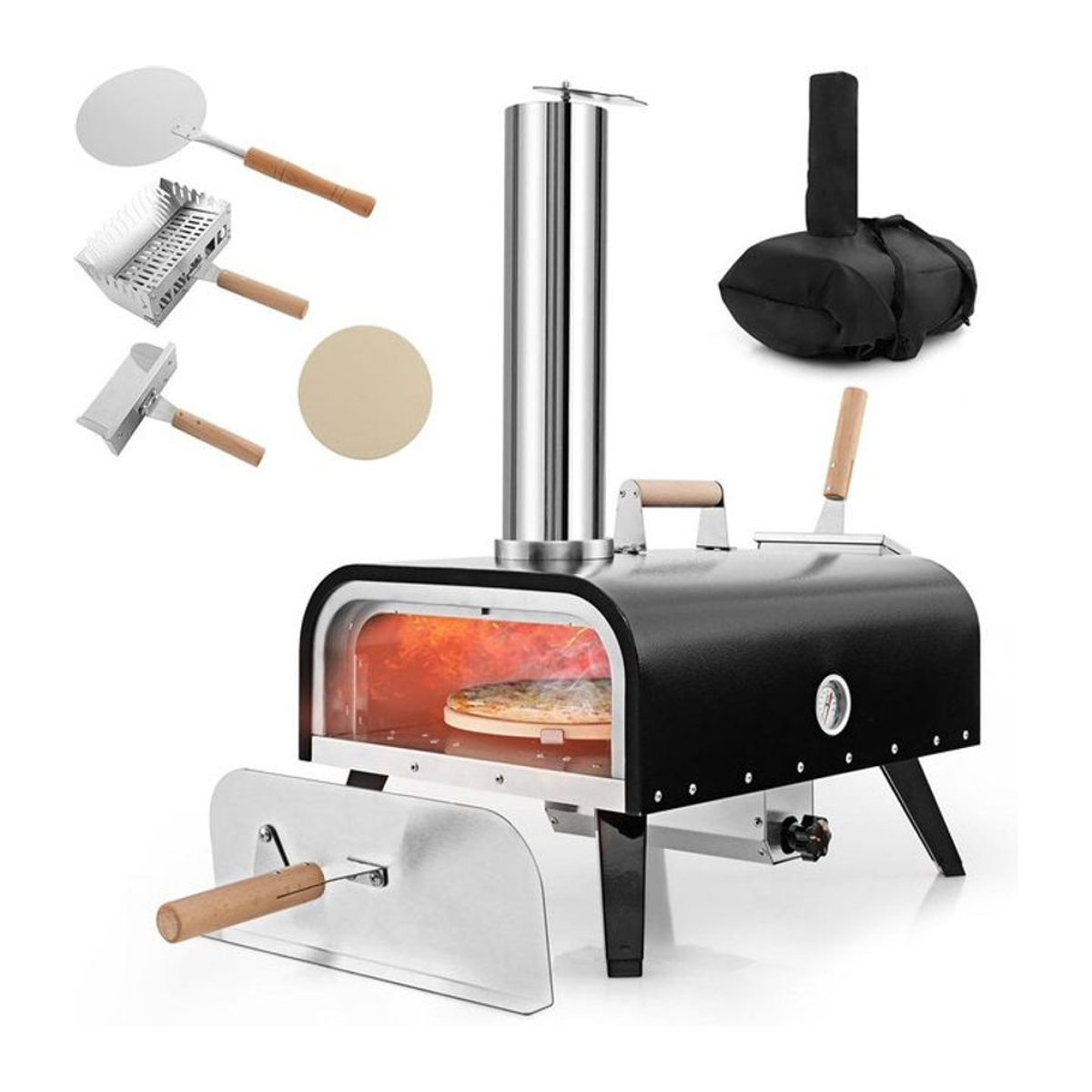 GOFLAME Tragbarer Pizzaofen aus Edelstahl mit Pizzastein, Pizzaschaufel, Thermometer, faltbaren Beinen und Tragetasche - Bild 1