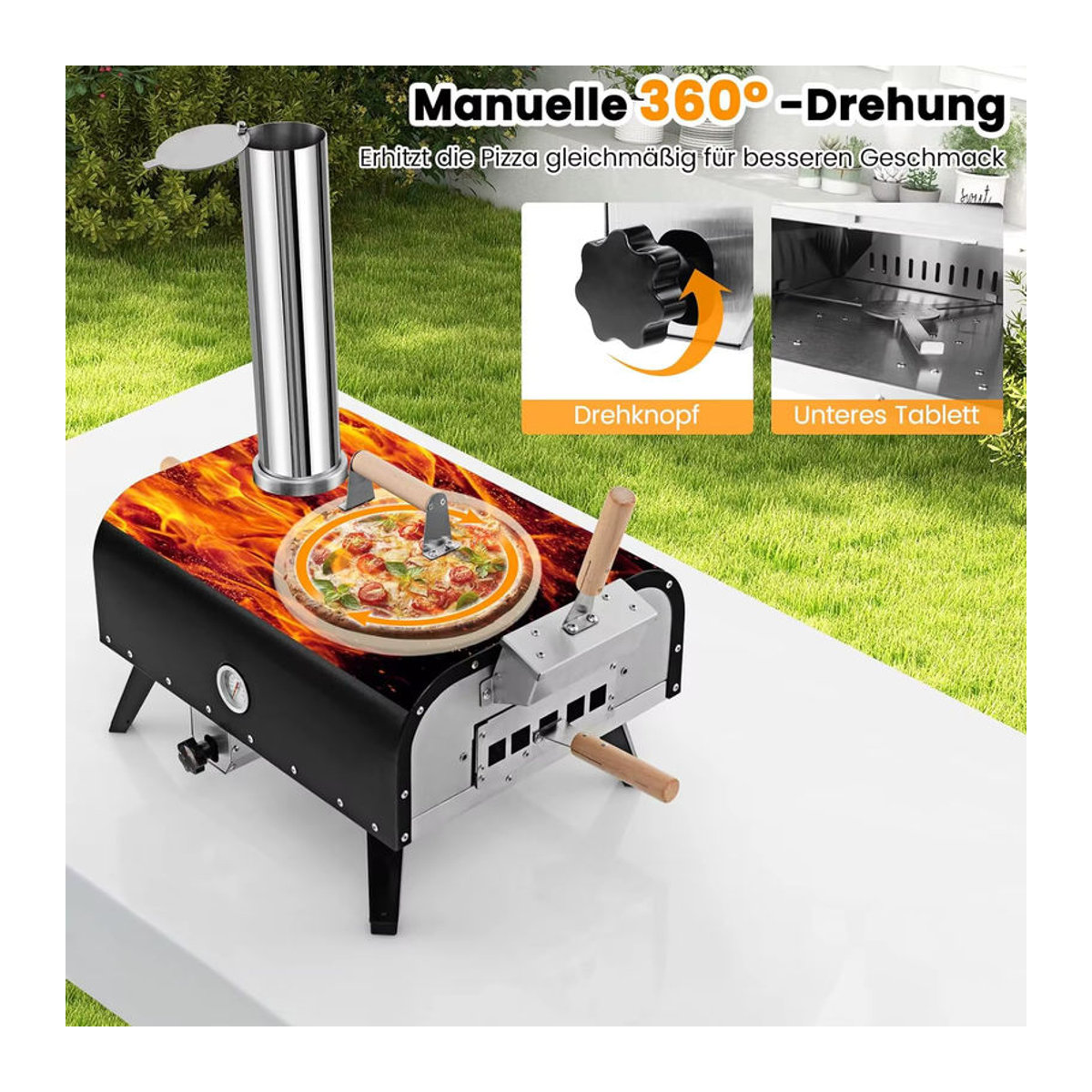 GOFLAME Tragbarer Pizzaofen aus Edelstahl mit Pizzastein, Pizzaschaufel, Thermometer, faltbaren Beinen und Tragetasche - Bild 2