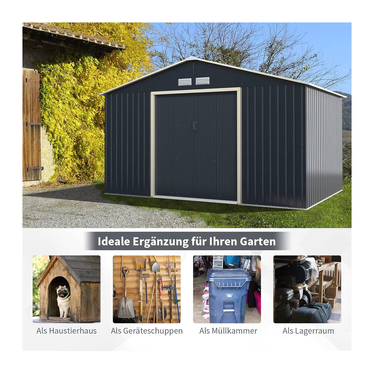 GOFLAME Werkzeugschuppen aus Metall in Grau und Anthrazit mit Schiebetür und 4 Lüftungsschlitzen, B/T/H: 340 x 255 x 210 cm - Bild 2