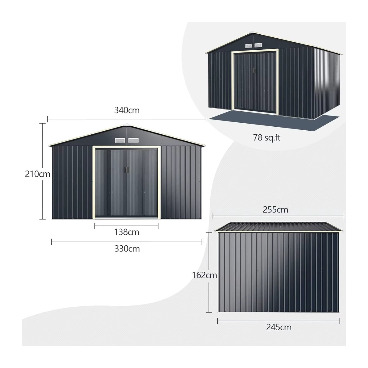 GOFLAME Werkzeugschuppen aus Metall in Grau und Anthrazit mit Schiebetür und 4 Lüftungsschlitzen, B/T/H: 340 x 255 x 210 cm - Bild 5