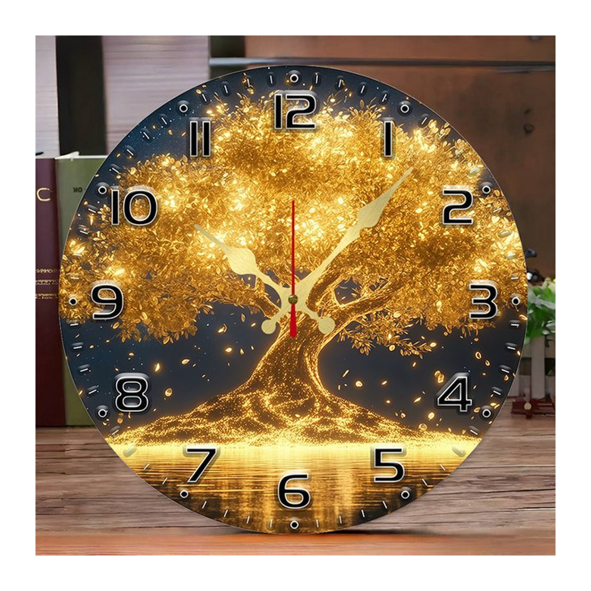 Golden Life Tree Wanduhr aus Holz, rund, analog, gold, geräuschlos, abstrakte Dekoration zum Aufhängen - Bild 1