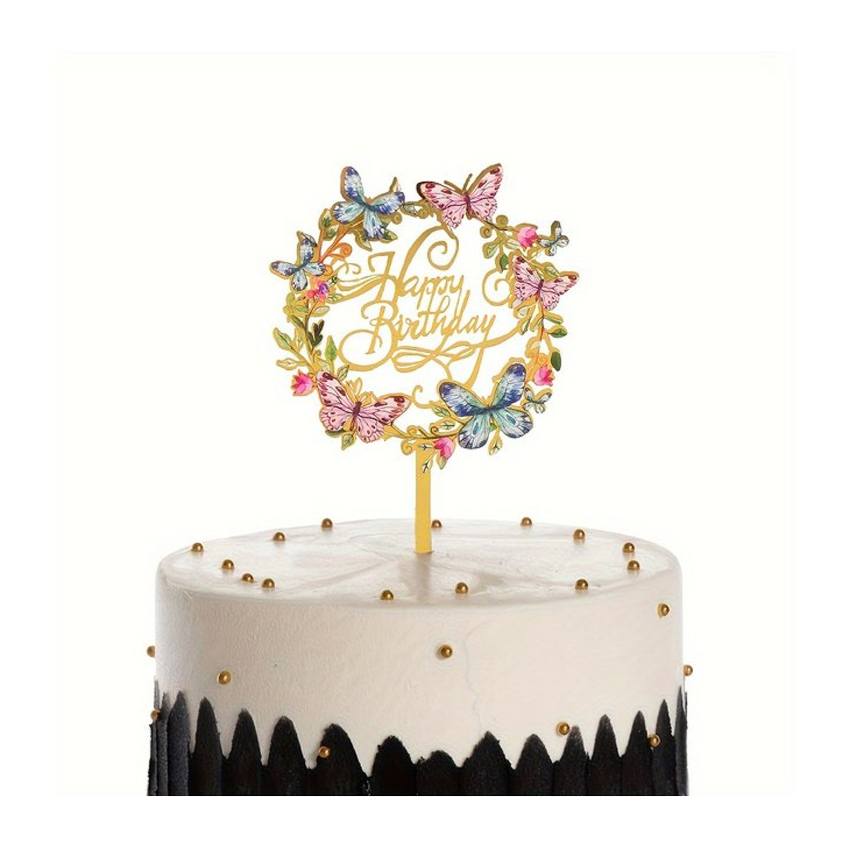 Goldener Happy Birthday Cake Pick mit floralem Design zur Kuchendekoration für deine Geburtstagsparty - Bild 1